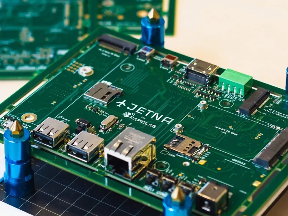 a view of a pcb featuring various connectors and chips